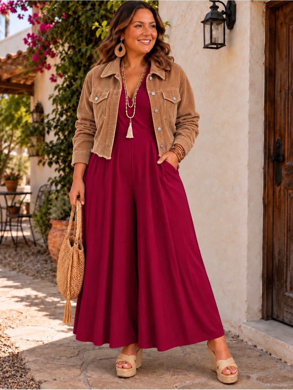Zenana Surplice Neckline Sleeveless V-Neck Jumper Wide-Leg Burgandy Size L